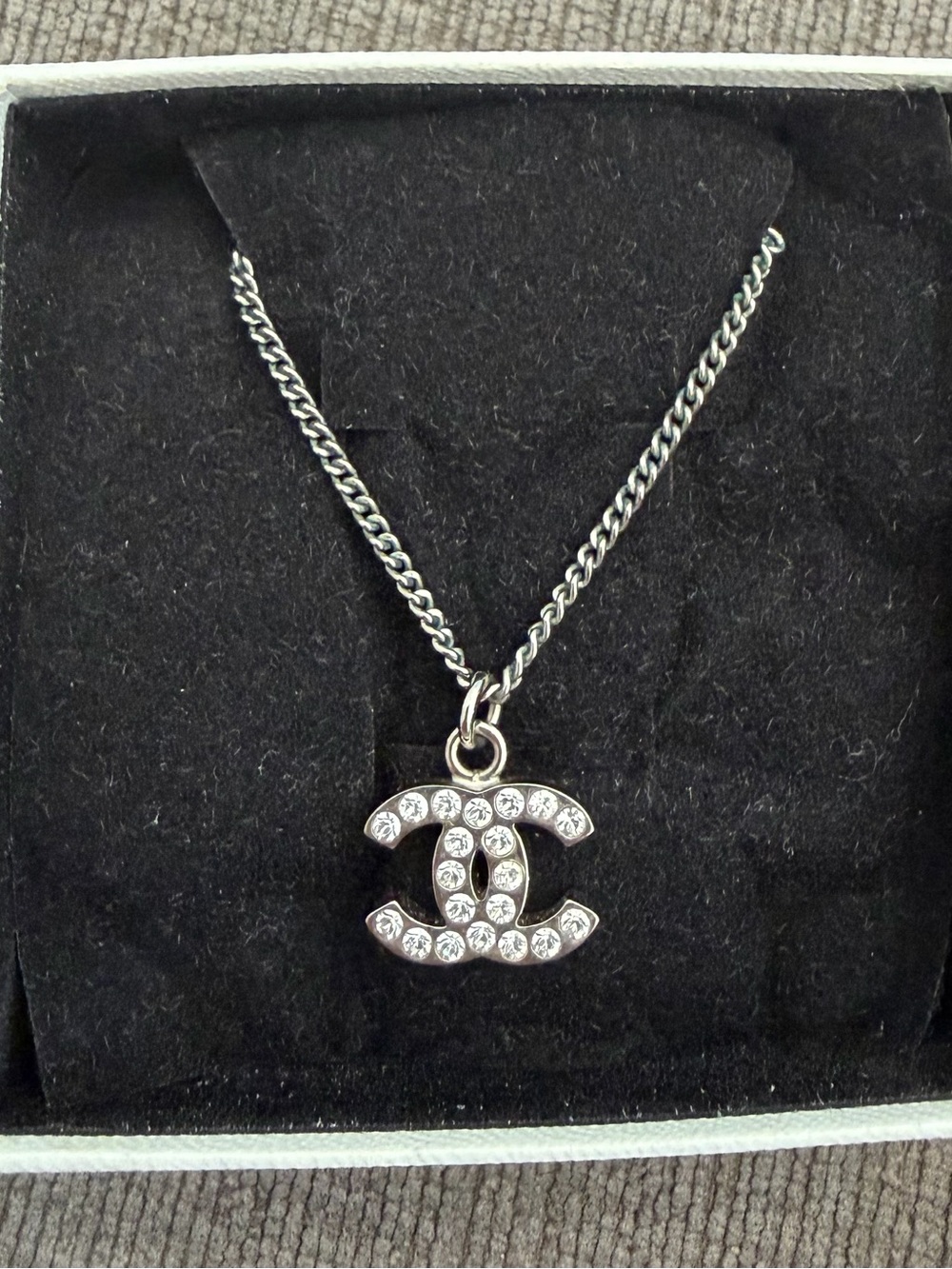 CHANEL Silver Crystal CC Logo Pendant Necklace - Picture 5 of 6